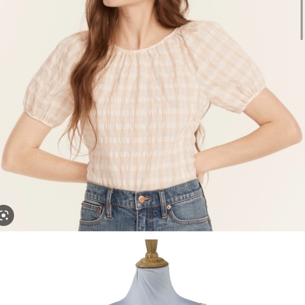 J.Crew blue Plaid Puff Sleeve Top with V zipper back - size 8